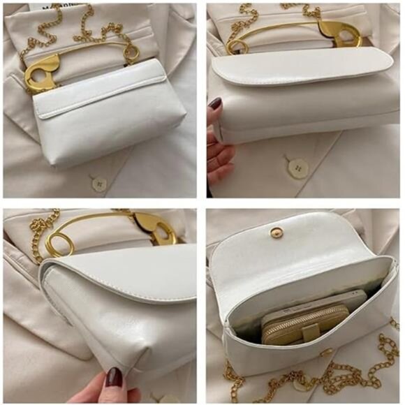 Safety Pin Purse | Unique Black Faux Leather Clutch & Crossbody with Gold Chain - Picture 4 of 5